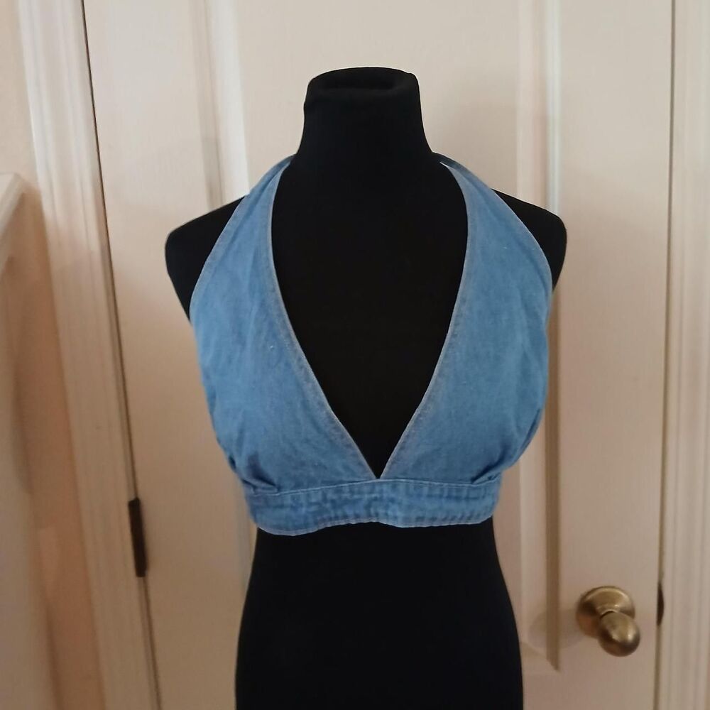 Rare Vintage 70s Viceroy Faded Denim Halter Crop Top One Size Festival Indie